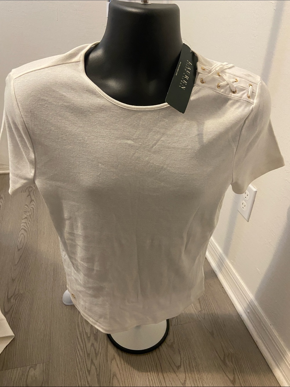 Lauren Ralph Lauren Cream Short-Sleeve Tee with Lace-Up Shoulder